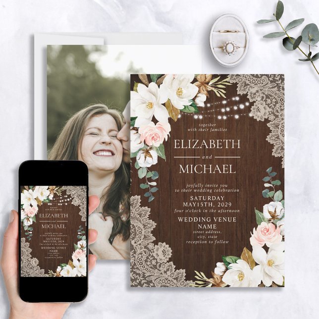 Rustic Wood String Light Lace Floral Photo Wedding Invitation (Creator Uploaded)