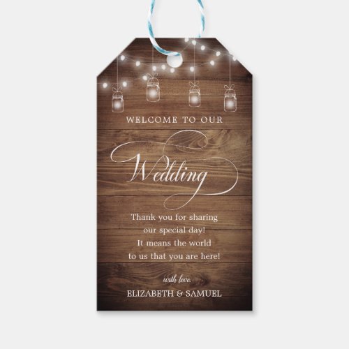 Rustic Wood String Light Mason Jar Script Wedding Gift Tags