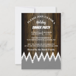 Rustic Wood String Light Pines Tree Holiday Party Invitation
