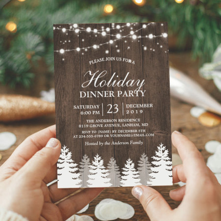 Rustic Wood String Light Pines Tree Holiday Party Invitation