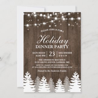 Rustic Wood String Light Pines Tree Holiday Party Invitation
