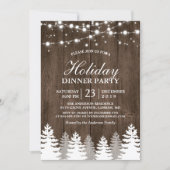 Rustic Wood String Light Pines Tree Holiday Party Invitation (Front)