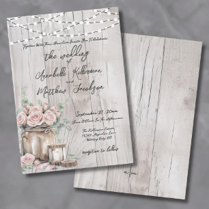 Rustic Wood String Light Roses Country Wedding Invitation