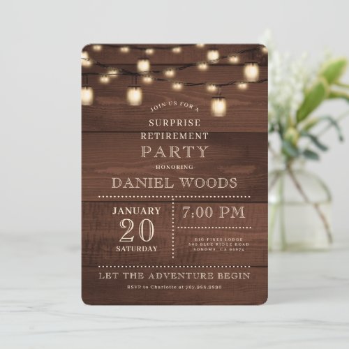 Rustic Wood String Light Surprise Retirement Party Invitation