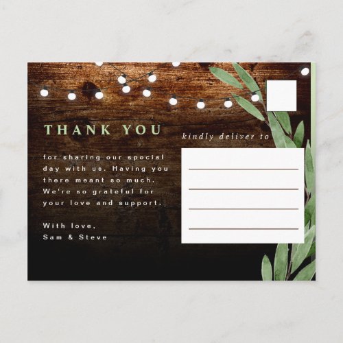 Rustic Wood  String Light Wedding Photo Thank You Postcard