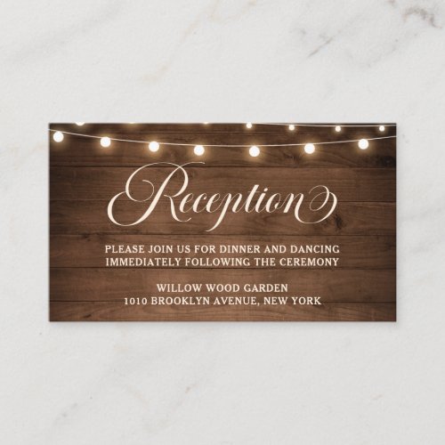 Rustic Wood String Light Wedding Reception Details Enclosure Card
