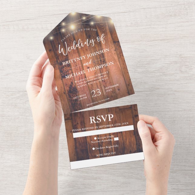 Rustic Wood String Light Wedding Song All In One I Invitation (Tearaway)