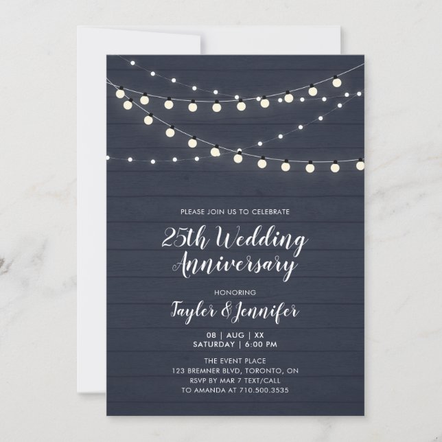 Rustic Wood & String Lights 25 Wedding Anniversary Invitation (Front)