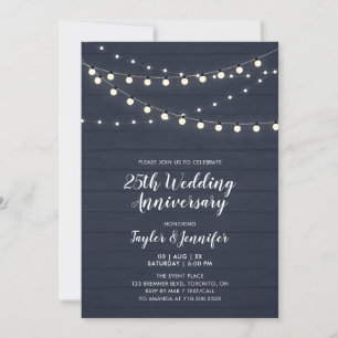Rustic Wood & String Lights 25 Wedding Anniversary Invitation