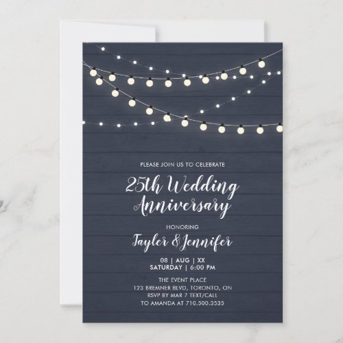 Rustic Wood  String Lights 25 Wedding Anniversary Invitation