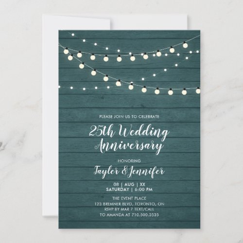 Rustic Wood  String Lights 25 Wedding Anniversary Invitation