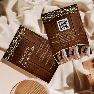 Rustic Wood String lights 3 Photos QR Code Wedding Invitation