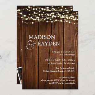 Rustic Wood String lights 3 Photos QR Code Wedding Invitation