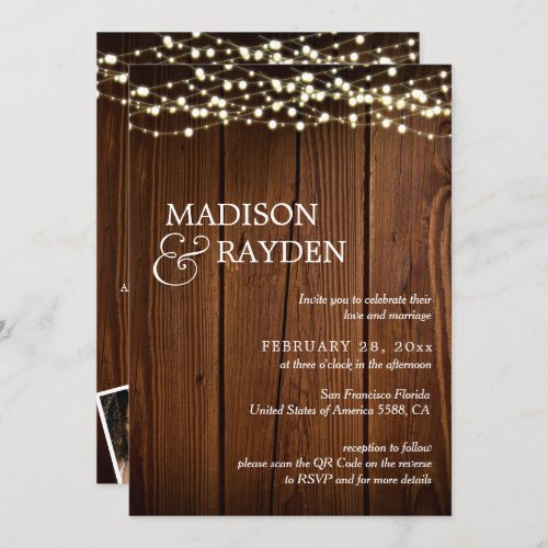 Rustic Wood String lights 3 Photos QR Code Wedding Invitation