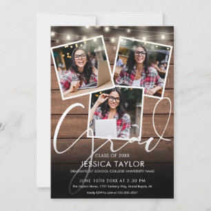 Rustic Wood String Lights 4 Photo Graduation Party Invitation