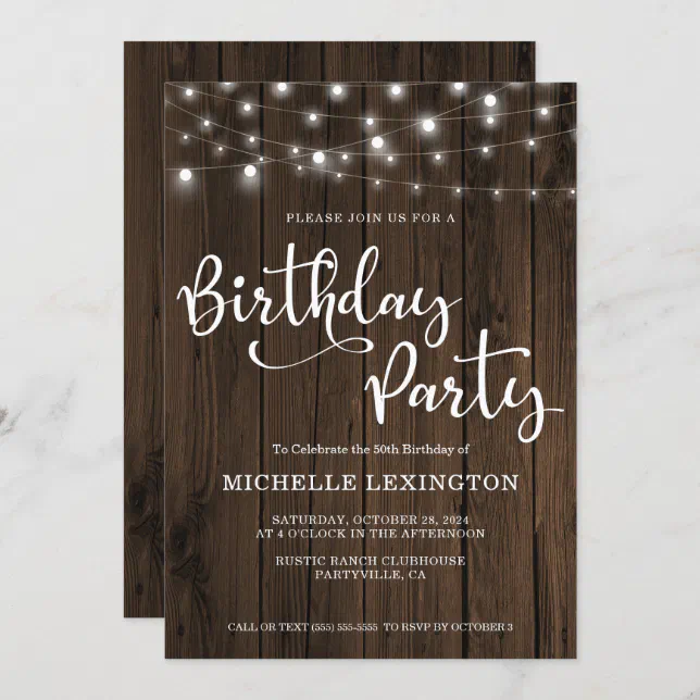 Rustic Wood String Lights 50th Birthday Party Invitation | Zazzle