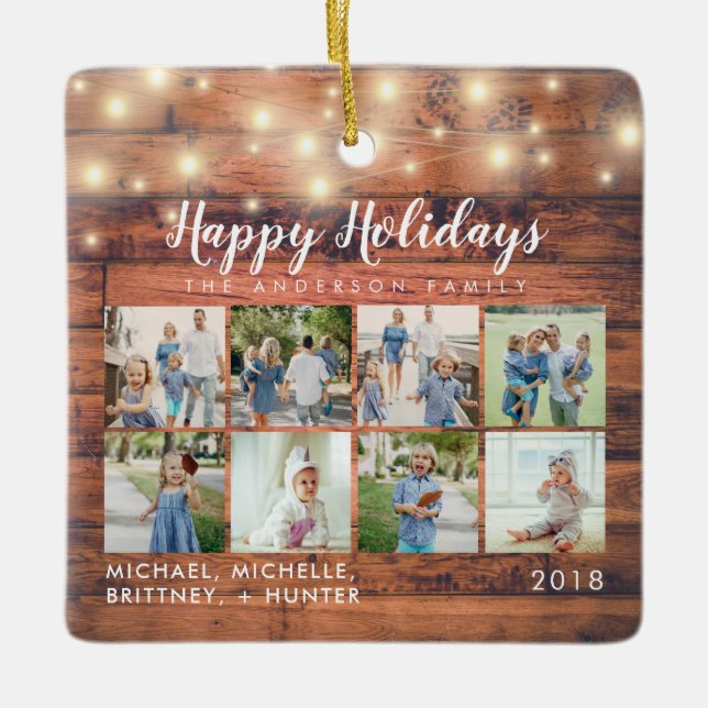 Rustic Wood String Lights 8 Photo Holiday Ceramic Ornament (Front)