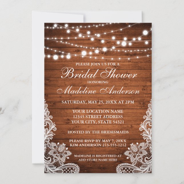 Rustic Wood String Lights and Lace Bridal Shower Invitation (Front)