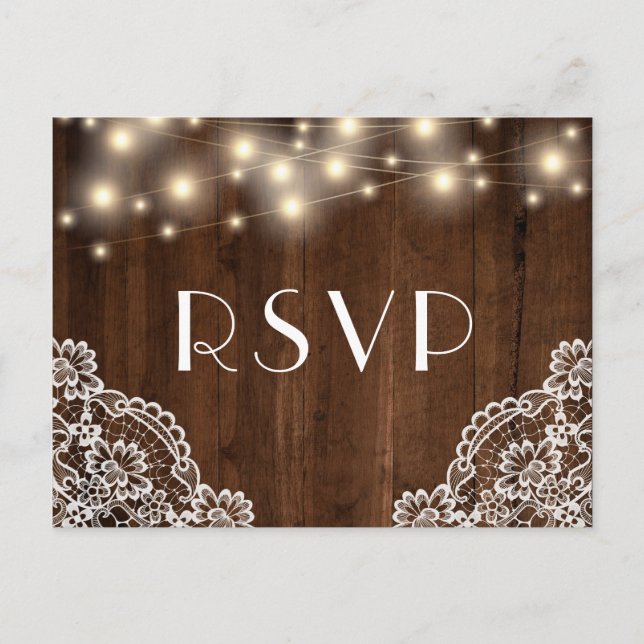 Rustic Wood String Lights and Lace | RSVP Meal Invitation Postcard (Front)