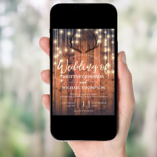 Rustic Wood String Lights Antler Wedding QR Code Invitation (Front Digital)