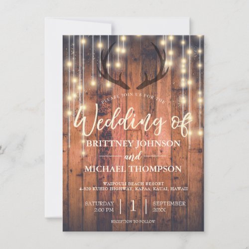 Rustic Wood String Lights Antler Wedding QR Code Invitation