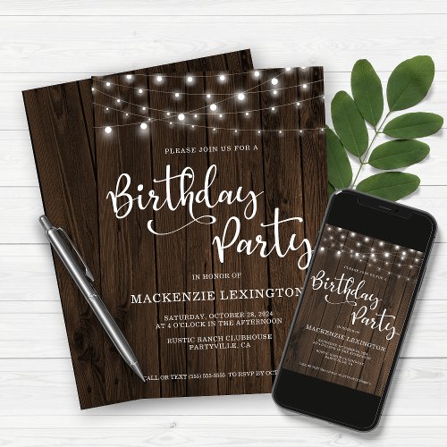 Rustic Wood String Lights Any Year Birthday Party Invitation