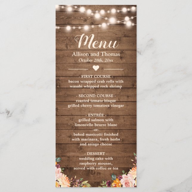 Rustic Wood String Lights Autumn Floral Wedding Menu (Front)