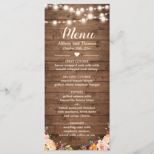 Rustic Wood String Lights Autumn Floral Wedding Menu - Rustic Wood String Lights Autumn Floral Wedding Menu Card. 
(1) For further customization, please click the "customize further" link and use our design tool to modify this template. 
(2) If you need help or matching items, please contact me.