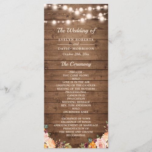 Rustic Wood String Lights Autumn Floral Wedding Program - Rustic Wood String Lights Autumn Floral Wedding Program Template. 
(1) For further customization, please click the "customize further" link and use our design tool to modify this template. 
(2) If you need help or matching items, please contact me.