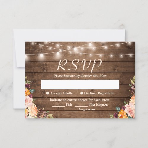 Rustic Wood String Lights Autumn Floral Wedding RSVP Card - Create your own RSVP Card with this "Rustic Wood String Lights Autumn Floral" template to match your wedding style, colors and theme. It's easy to customize it to be uniquely yours! 
(1) For further customization, please click the "customize further" link and use our design tool to modify this template. 
(2) If you need help or matching items, please contact me.
