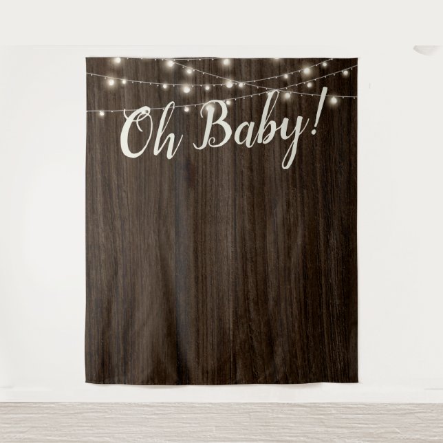 Rustic Wood String Lights Baby Shower Backdrop (Front)
