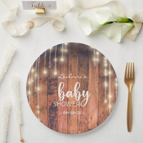 Rustic Wood String Lights Baby Shower Paper Plates