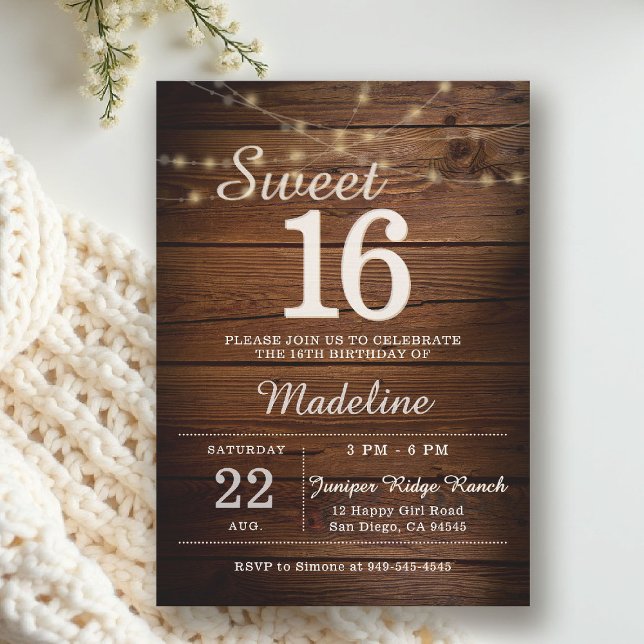 Rustic Wood String Lights Barn Backyard Sweet 16 Invitation (rustic sweet 16 birthday party invitation barn wood string lights backyard outdoors cowboy western)