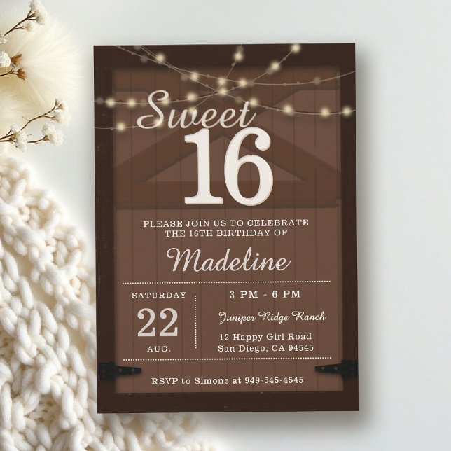 Rustic Wood String Lights Barn Door Brown Sweet 16 Invitation (rustic sweet 16 birthday party invitation brown barn door wood string lights backyard outdoors chic)