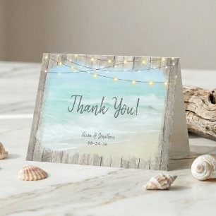Rustic Wood String Lights Beach Wedding Letterpress Thank You Card