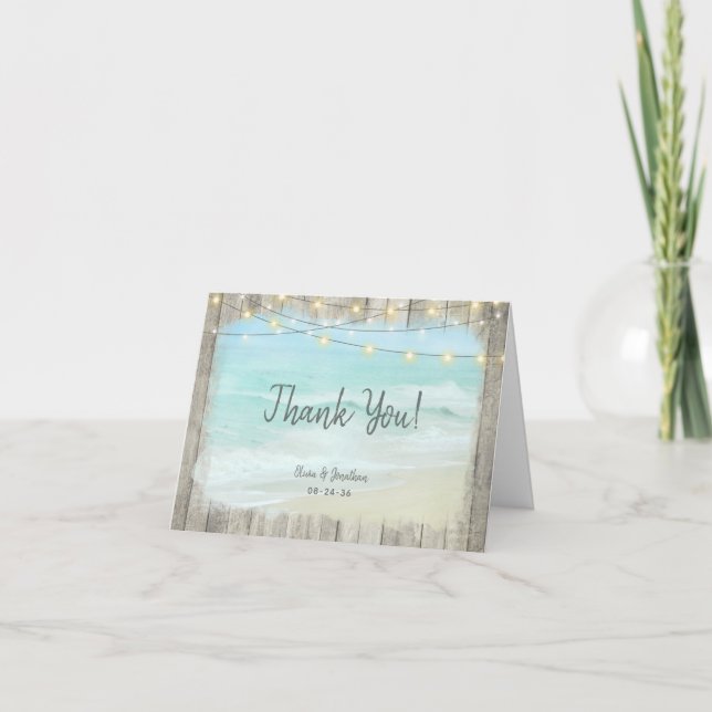 Rustic Wood String Lights Beach Wedding Thank You Card (Front)