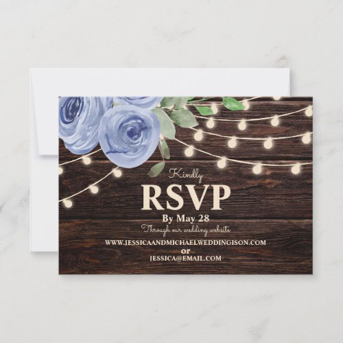 Rustic Wood String Lights Blue Flora Wedding RSVP Card