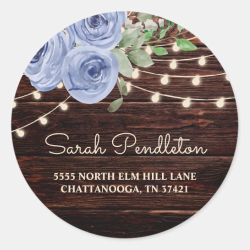 Rustic Wood String Lights Blue Floral Address Classic Round Sticker