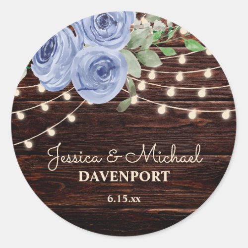 Rustic Wood String Lights Blue Floral Wedding Classic Round Sticker