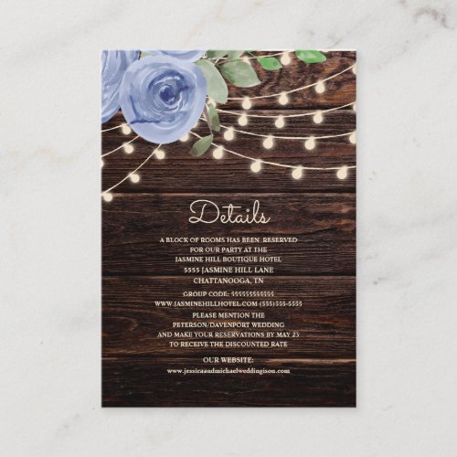 Rustic Wood String Lights Blue Floral Wedding Enclosure Card