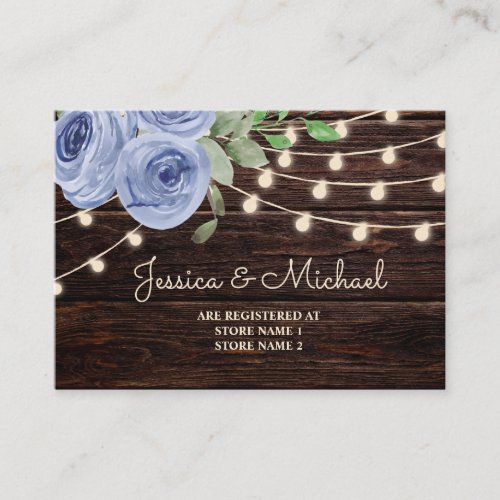 Rustic Wood String Lights Blue Floral Wedding Enclosure Card