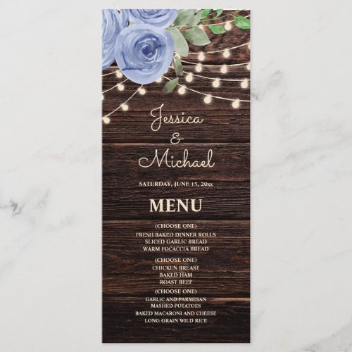 Rustic Wood String Lights Blue Floral Wedding Menu