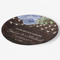 Rustic Wood String Lights Blue Floral Wedding Paper Plates
