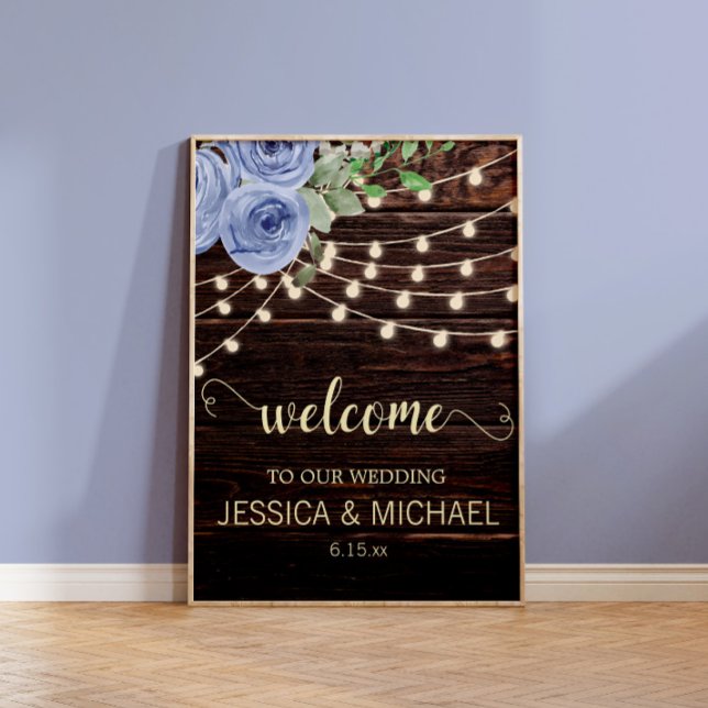 Rustic Wood String Lights Blue Floral Wedding Poster (Rustic wood and dusty blue floral and string lights wedding whimsical script welcome sign)