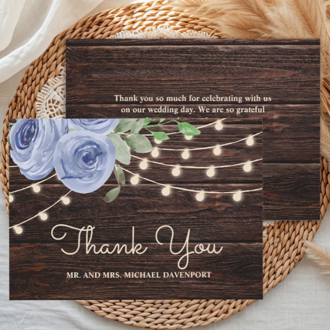 Rustic Wood String Lights Blue Floral Wedding Thank You Card (Dusty blue watercolor floral and string lights on rustic wood wedding Thank You card)