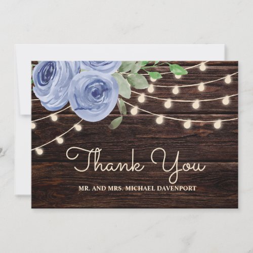 Rustic Wood String Lights Blue Floral Wedding Thank You Card