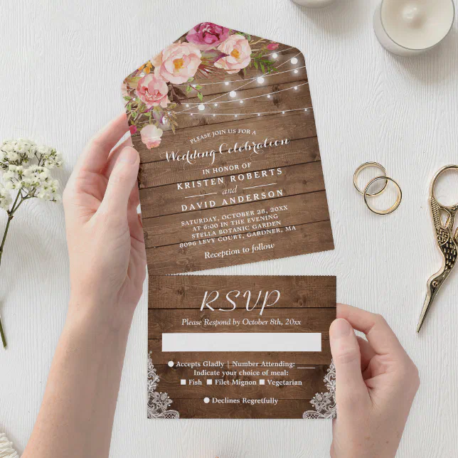 Rustic Wood String Lights Blush Floral Wedding All In One Invitation ...