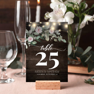 Rustic Wood String Lights Blush Floral Wedding Table Number