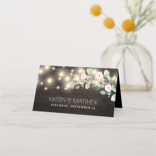 Rustic Wood String Lights Boho Greenery Wedding Place Card