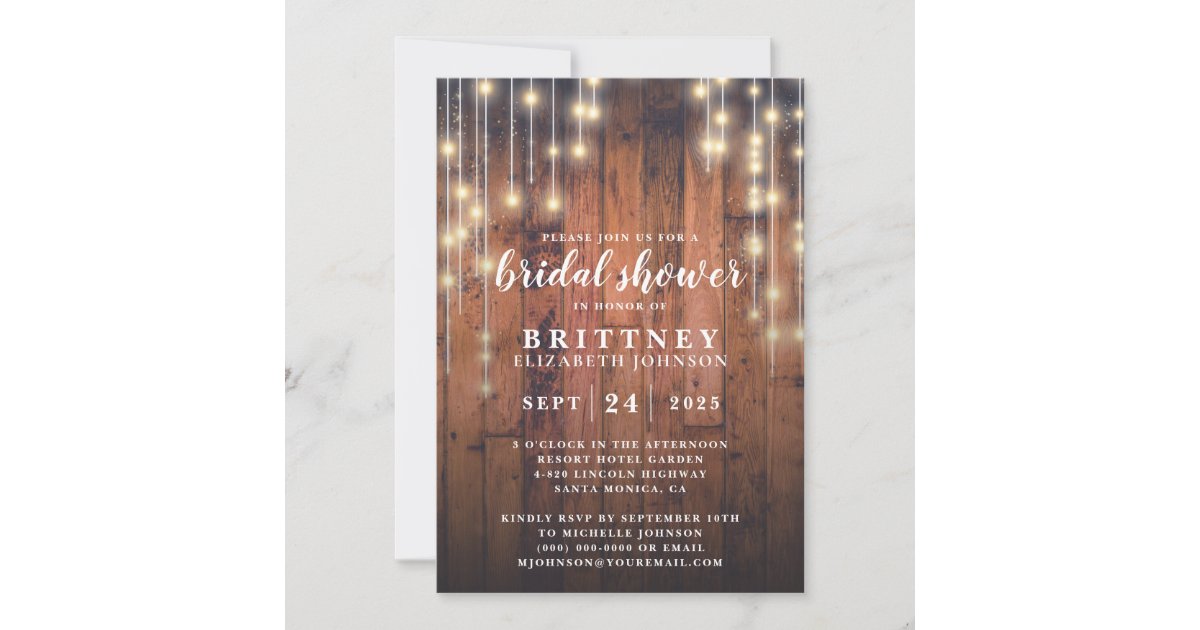 Rustic Wood String Lights Bridal Shower | Zazzle